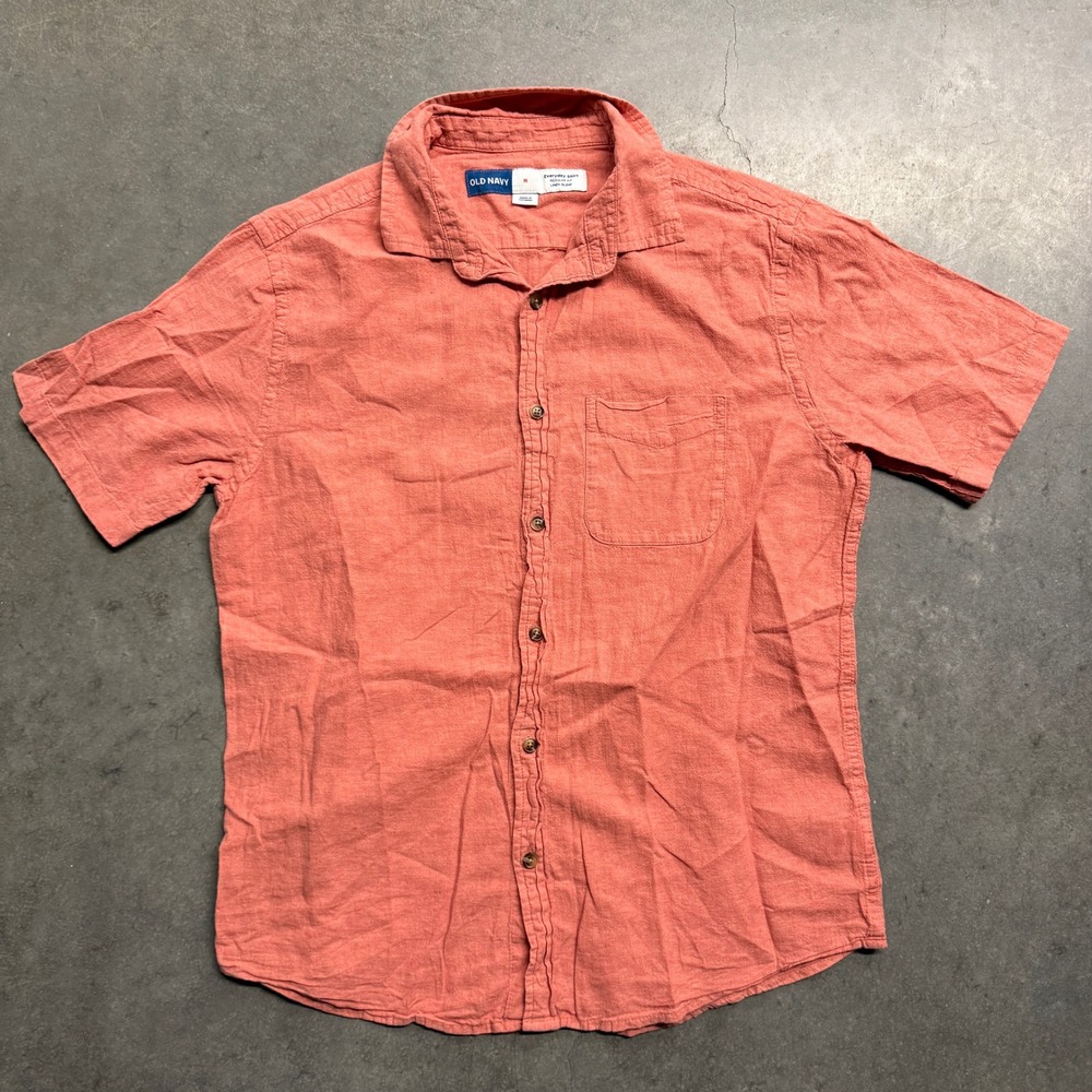 Old Navy Mens Shirt Medium Coral Pink Linen Blend Short Sleeve Button Up